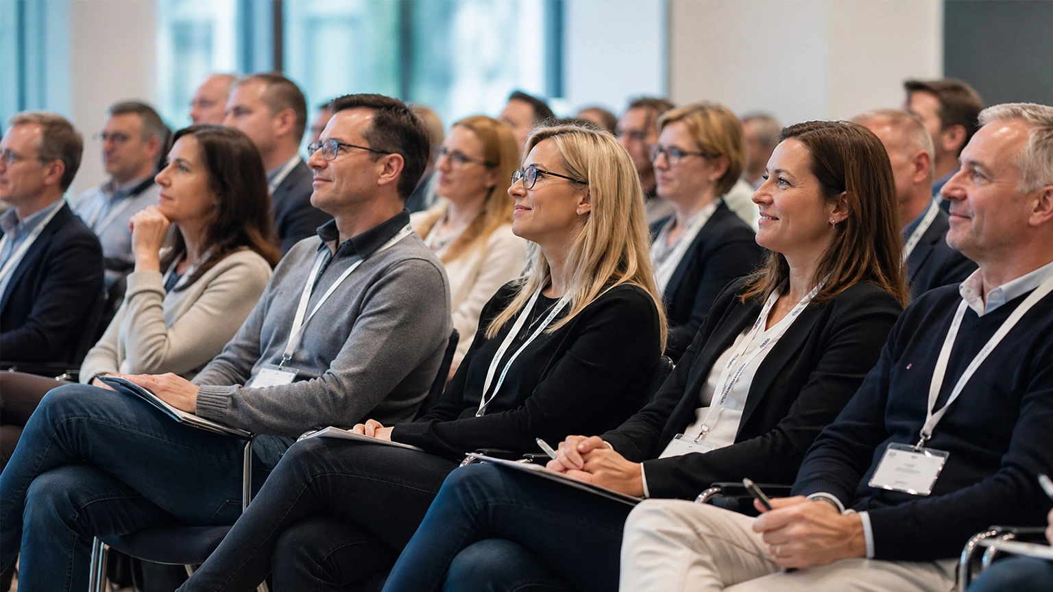 Menschen sitzend in Stuhlreihen hören interessiert einer Veranstaltung zu