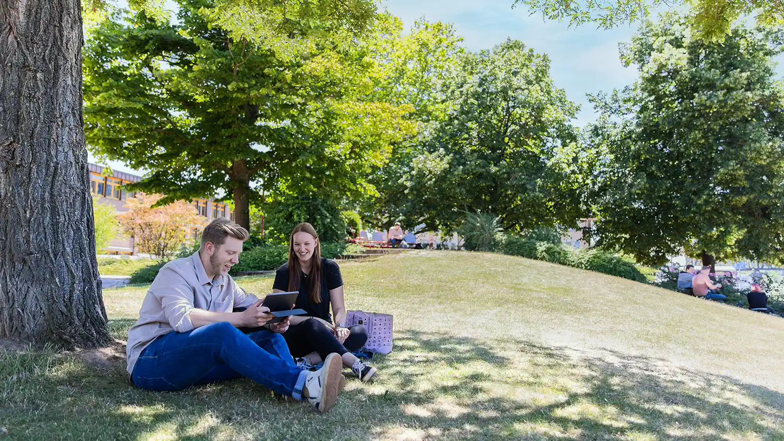 Ein Studierender und eine Studentin sitzen lachend auf einer Wiese. Er zeigt ihr etwas auf einem Tablet. Im Hintergrund sind Bäume zu erkennen.