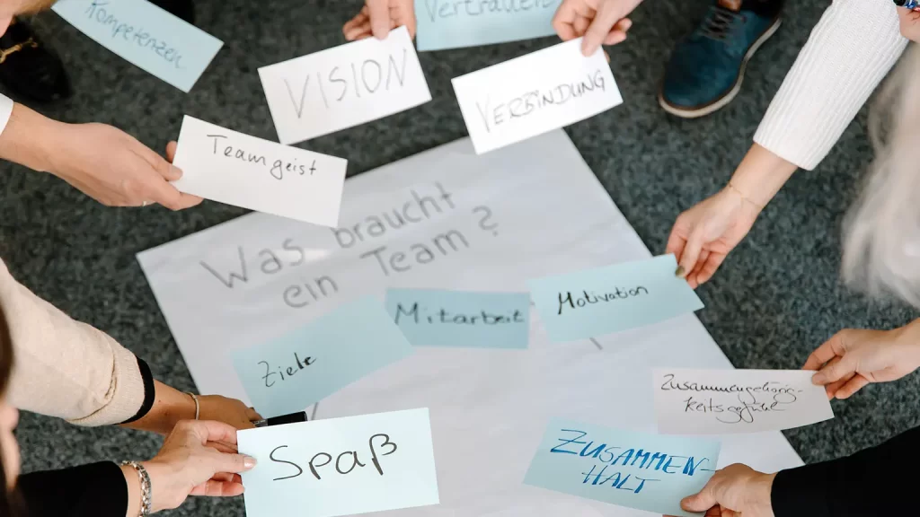 Ein auf dem Boden liegender Flip Chart Zettel mit der Aufschrift "Was braucht ein Team?". Davor zu erkennen sind in einem Kreis aufgereihte Hände die Zettel mit den Aufschriften Spaß, Teamgeist, Mitarbeit, Motivation , Zusammenhängigkeitsgefül und Zusammenhalt über das FlipChart halten.