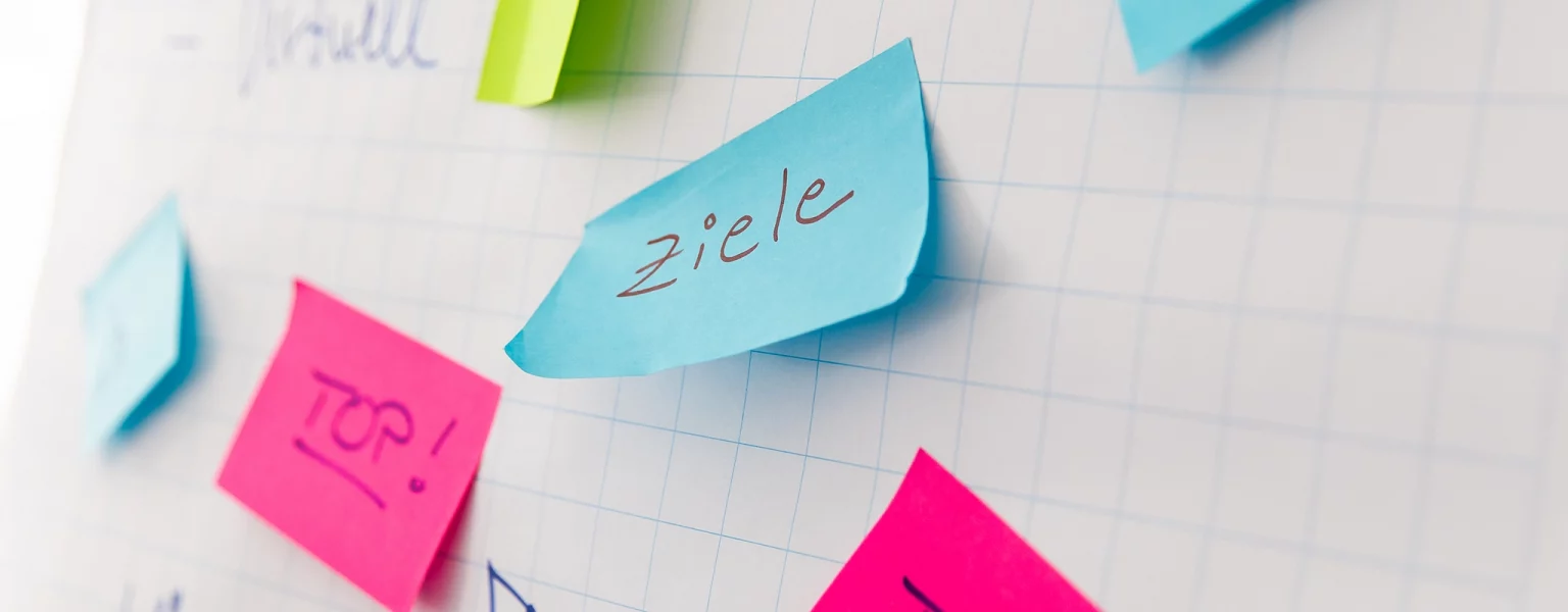 Bunte Zettel mit Aufschrift (Ziele) auf Planwand