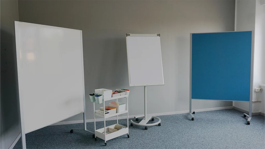 Seminarraum mit zwei Pinnwänden an den Seiten und einem Flipchart und Moderationswagen in der Mitte