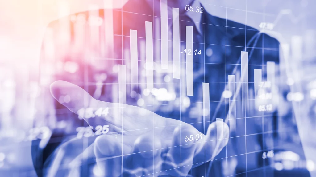 Stilierte Tabelle in Lila- und Blautönen vor einem angedeuteten Oberkörper in Anzug mit ausgestreckter Hand
