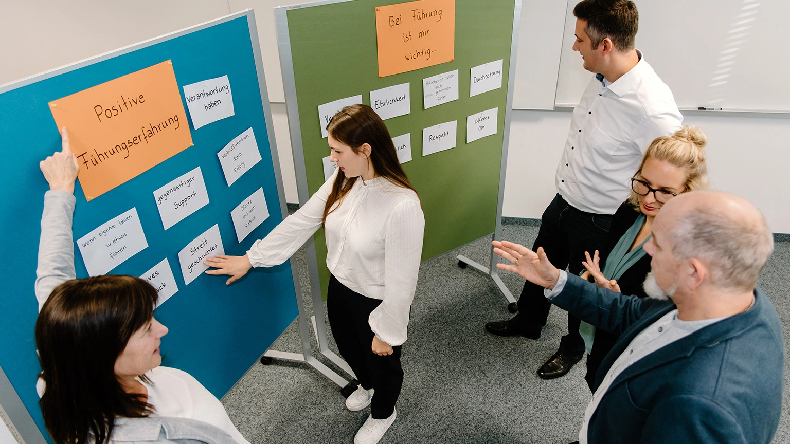 Menschen in Aktion an zwei Pinnwänden mit orangen und weißen Zetteln zum Thema Führung