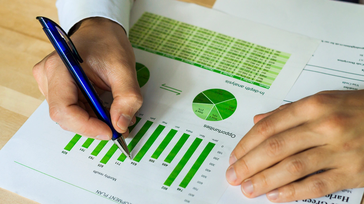 DIN A4 Ausdruck mit mehreren Diagrammen in grün und zwei Händen, die eine hält einen blauen Stift