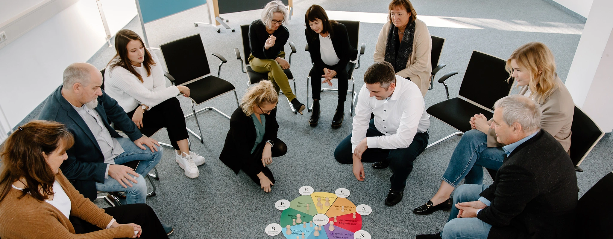 Weiterbildungsteilnehmende im Sitzkreis mit Typologie zu Persönlichkeitsentwicklung in der Mitte