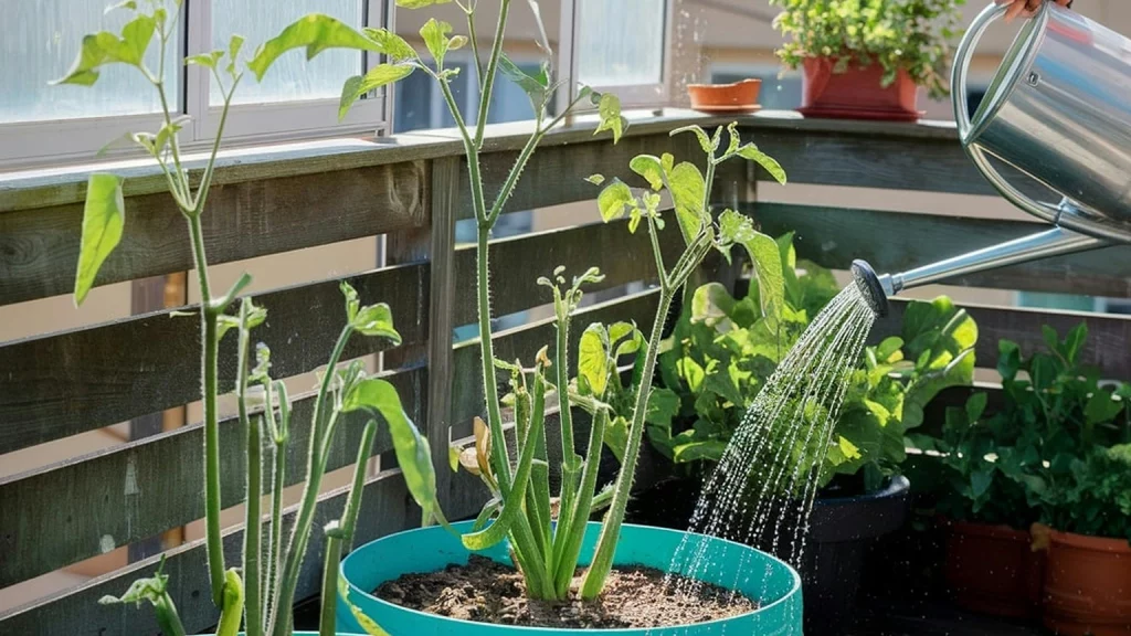 Tomatenpflanze auf Balkon wird mit einer Gießkanne gewässert