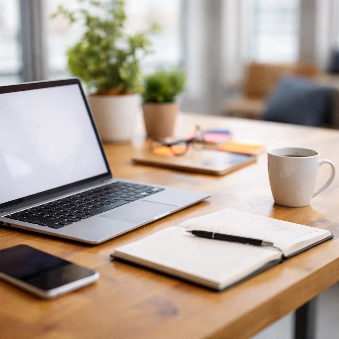 Schreibtisch mit Laptop, Schreibzeug und Kaffeetasse