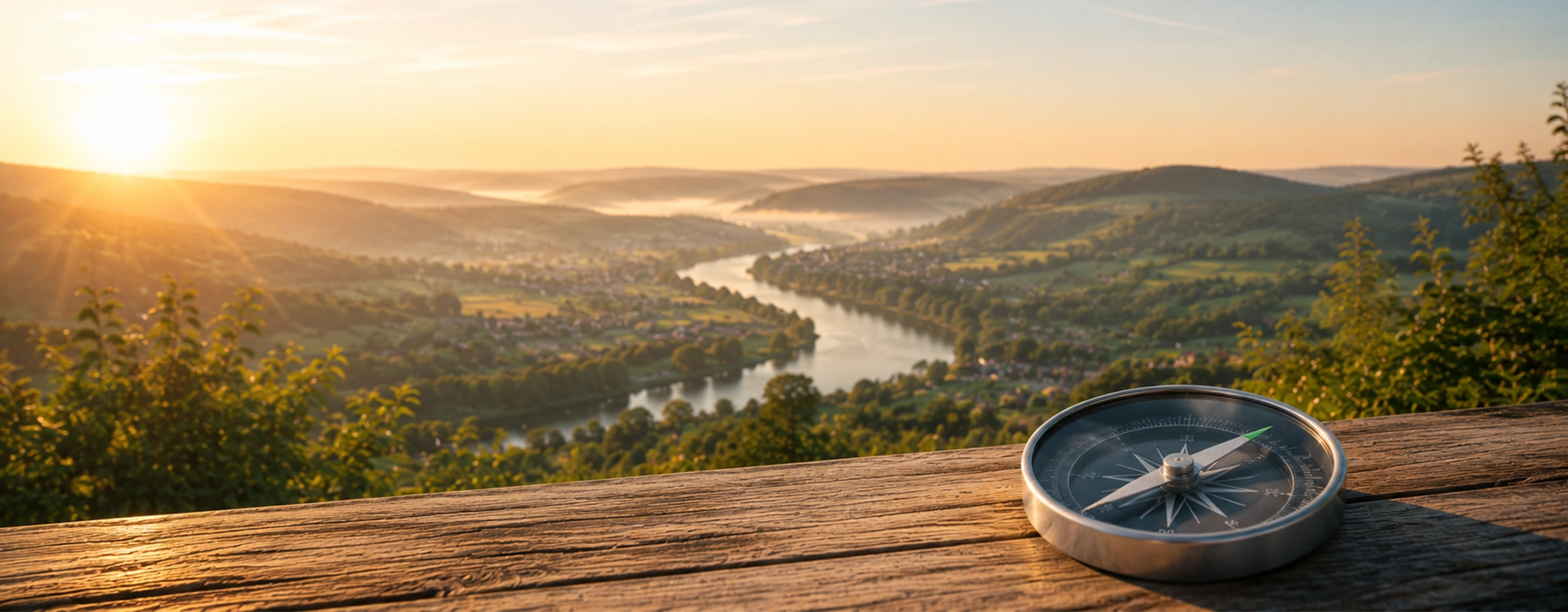 Weserbergland bei Sonnenaufgang mit Kompass